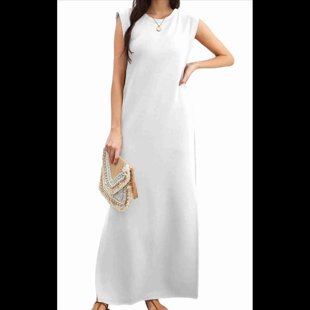 2025 Vestido Maxi de Verano para Mujer, Informal, Holgado, con Abertura, Sin Arrugas, con Cuello Redondo y Bolsillos, Color , Talla L