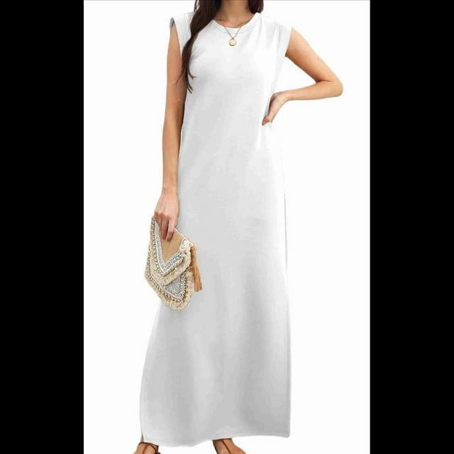 2025 Vestido Maxi de Verano para Mujer, Informal, Holgado, con Abertura, Sin Arrugas, con Cuello Redondo y Bolsillos, Color , Talla XL