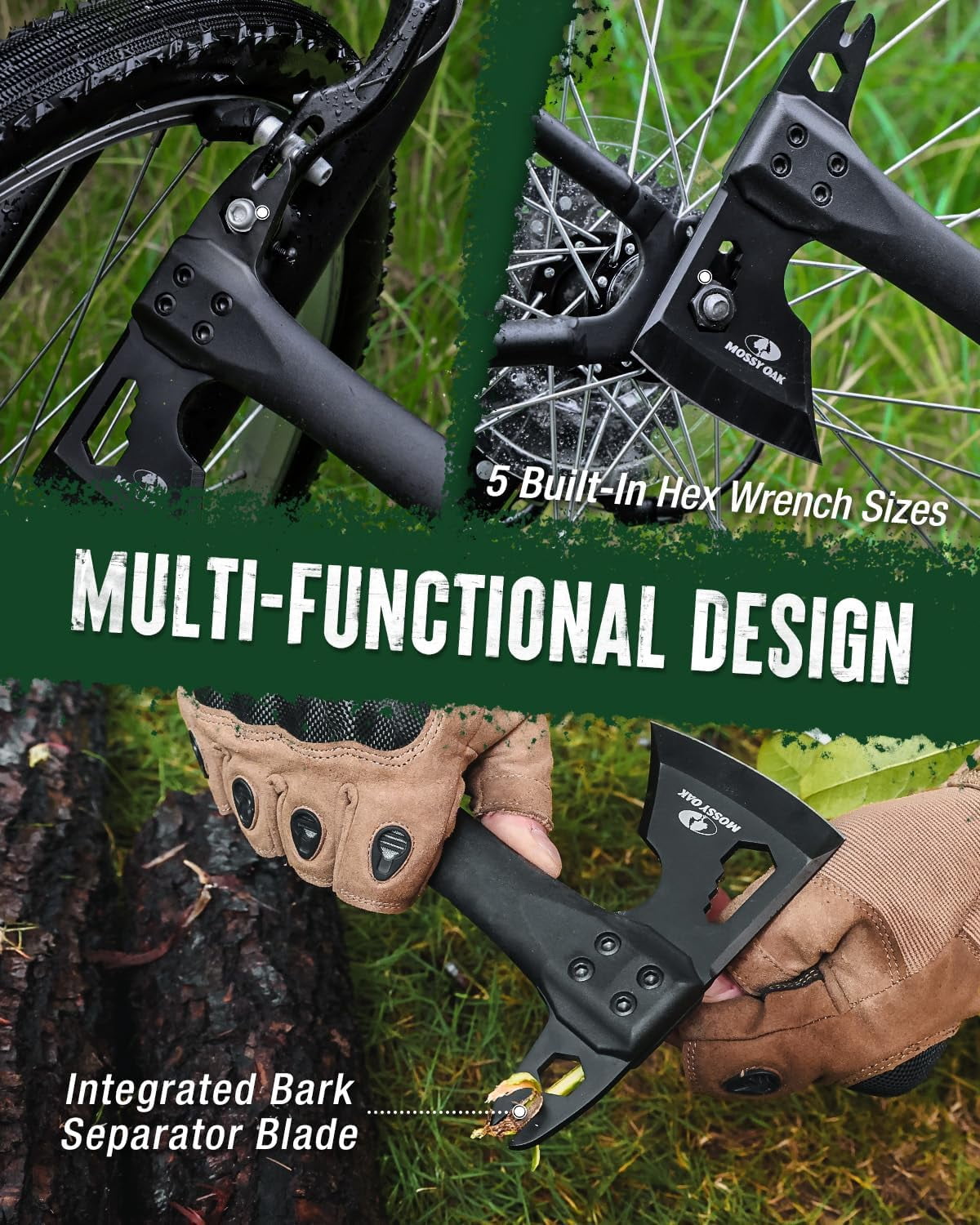 12" Camping Axe and Survival Hatchet with Sheath, Com Outdoor Multitool Hex Wrench Slots, Non-Slip Dual-Color Handle, Small Gear for Hiking, Chopping, Hunting