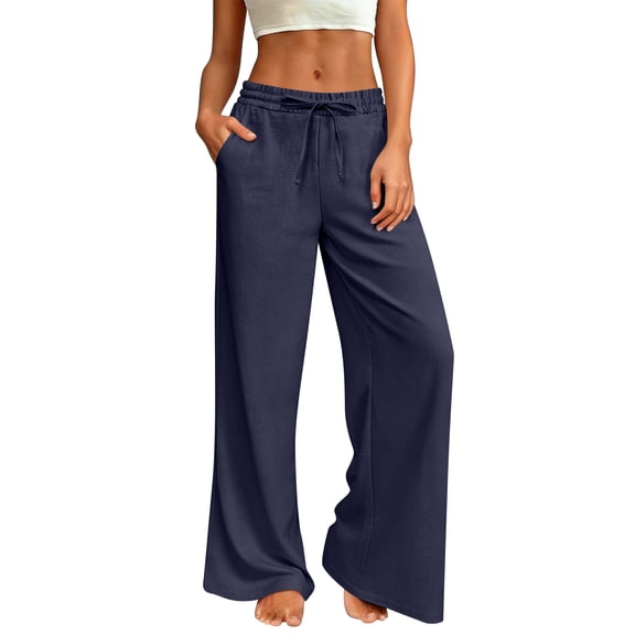 HKYNLAG Linen Pants Women Wide Leg Palazzo Pants Beach Vacation Outfits Cotton Summer 2026 Flowy Clothes Trousers with Pockets Blue XL