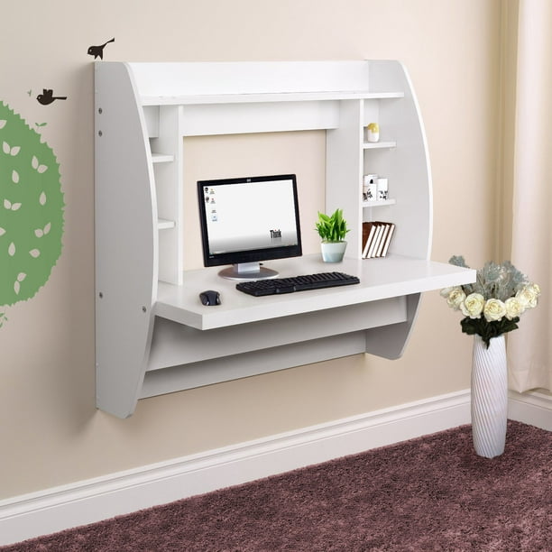 Zimtown Wall Mounted Computer Desk Floating Office Home Pc Table With Storage Shelf White Com - Wall Mounted Desk Dimensions