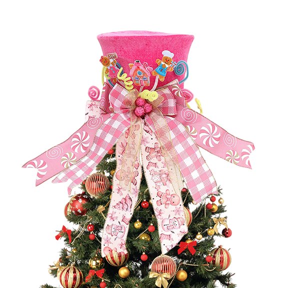 Christmas Tree Topper, Christmas Tree Topper Hat, Candy canes Tree Topper, Tree Topper Christmas Decorations with Bow Ribbon Christmas Tree Ornaments for Home Decor