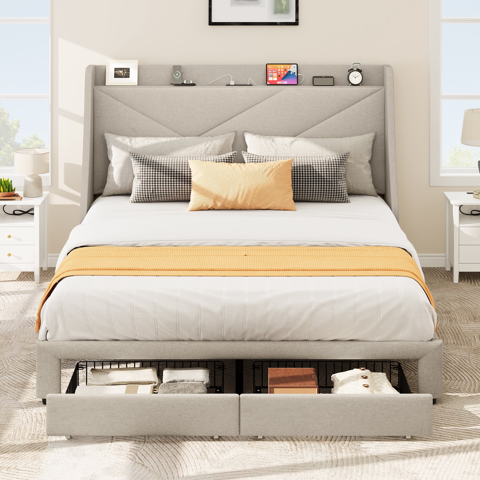 Uforic Queen Size Simple Assembly Bed Frame with Storage Drawers and Charging Ports, Perfect for Adult, Beige