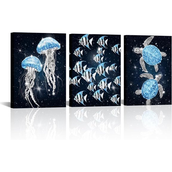 Hieng Ocean Sea Life Wall Art Jellyfish Tropical Fish and Sea Turtles Pictures Modern Bathroom Nautical Decor Unframed