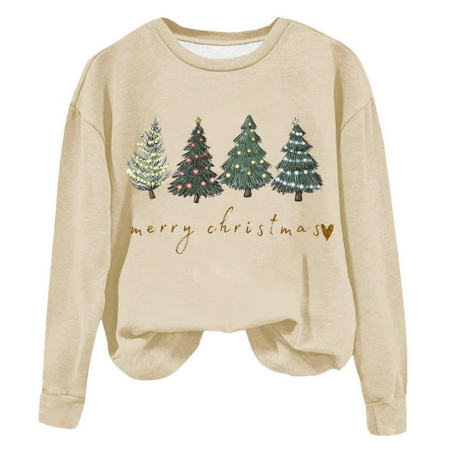 Staron Chemises de Noël pour Femmes Joyeux Noël Imprimé Arbre de Noël Col Rond Chemise Mode Décontractée Hauts Mignons Confortables Vêtements d'Automne Tenues Chandails en Molleton Cadeaux pour Mères
