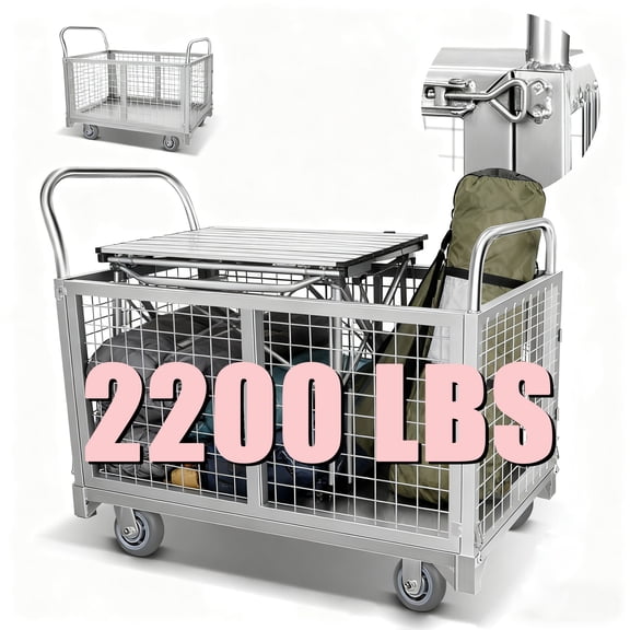 Portable Platform Cart Net cage Trolley Multipurpose Grocery Cart, 4-in-1 Design, Silvery Metal Cart, Load 2200 LBS 4 Swivel Casters for Office, Sport, Grocery Shopping
