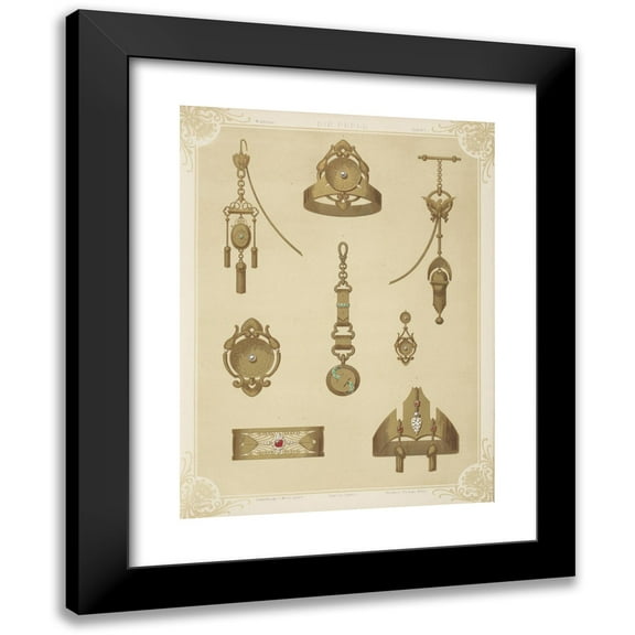 Martin Gerlach 11x14 Black Modern Framed Museum Art Print Titled - Ii Jahrgang (Liefr. II) 4. (Eight Designs for Jewelry, Including Gold Pieces with Green Stones and Pearls.) (1872 - 1873)