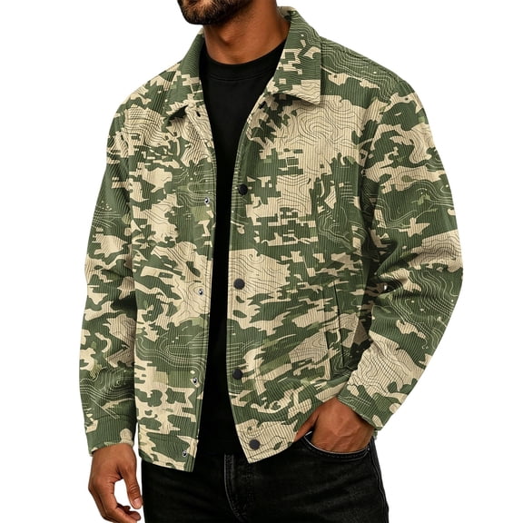 Delconic Mens Corduroy Jacket Loose Casual Turn Down Collar Long Sleeve Button Front Overshirt Camouflage Print Fall Winter Top Army Green L
