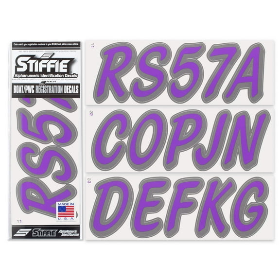 STIFFIE Whipline Solid Purple/Carbon 3" Alpha-Numeric Registration Identification Numbers Stickers Decals for Boats & Personal Watercraft