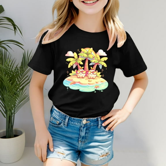 Girls Shirts Size 7-8 Girls Clothes Boys Girls' Island Print Casual T Shirt Fashion Kids' Comfort Fit Top for Beach & Daily Wear 1793