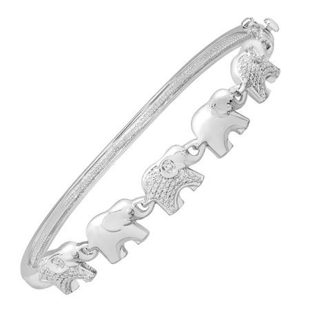 Elephant Bangle Bracelet with Diamond in Sterling Silver-Plated Brass