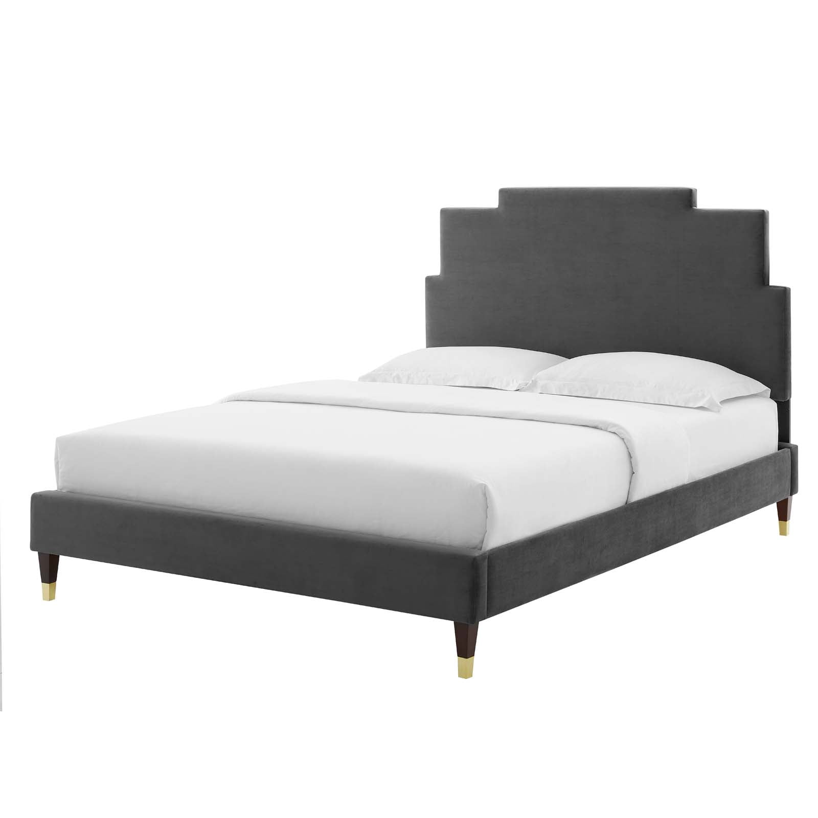 Platform Bed Frame, Full Size, Velvet, Dark Grey Gray, Modern
