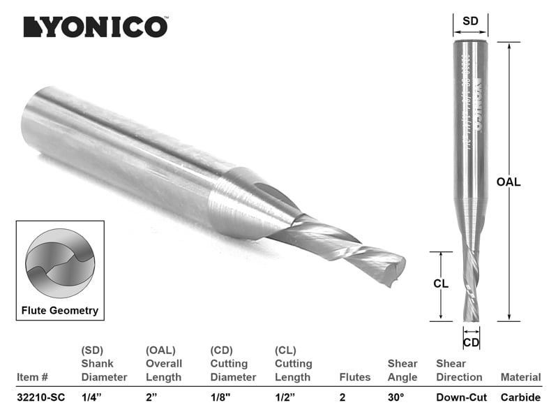 Yonico 34212-SC CNC Router Bit with Ball Nose Solid Carbide 3/16 x 3/4 x 1/4 x 2 1/4 Shank 