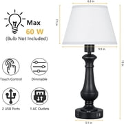 Oumilen Set of 2 Touch Sensor Touch Control Table Lamp, with 2 USB Charging Port, Black