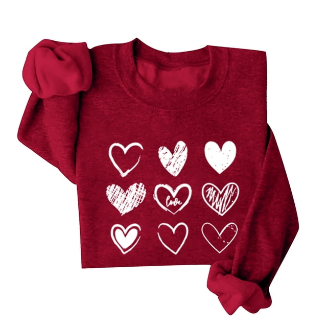 Bmisegm Chandails de la Saint-Valentin pour Women Chandail Graphique Cœur d'Amour Hiver Col Rond Manches Longues Chandails Décontractés pour Women Vin TG