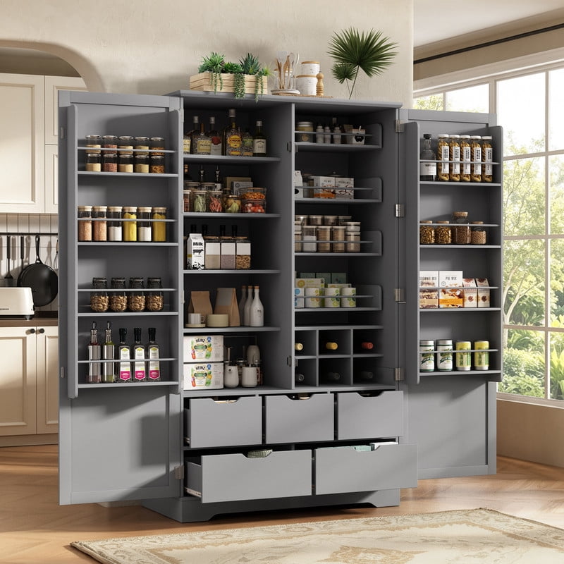 All-in-One Kitchen Pantry Bar Cabinet with Drawers, Hidden Trays, Racks & Adjustable Shelves, Freestanding Storage Cupboard