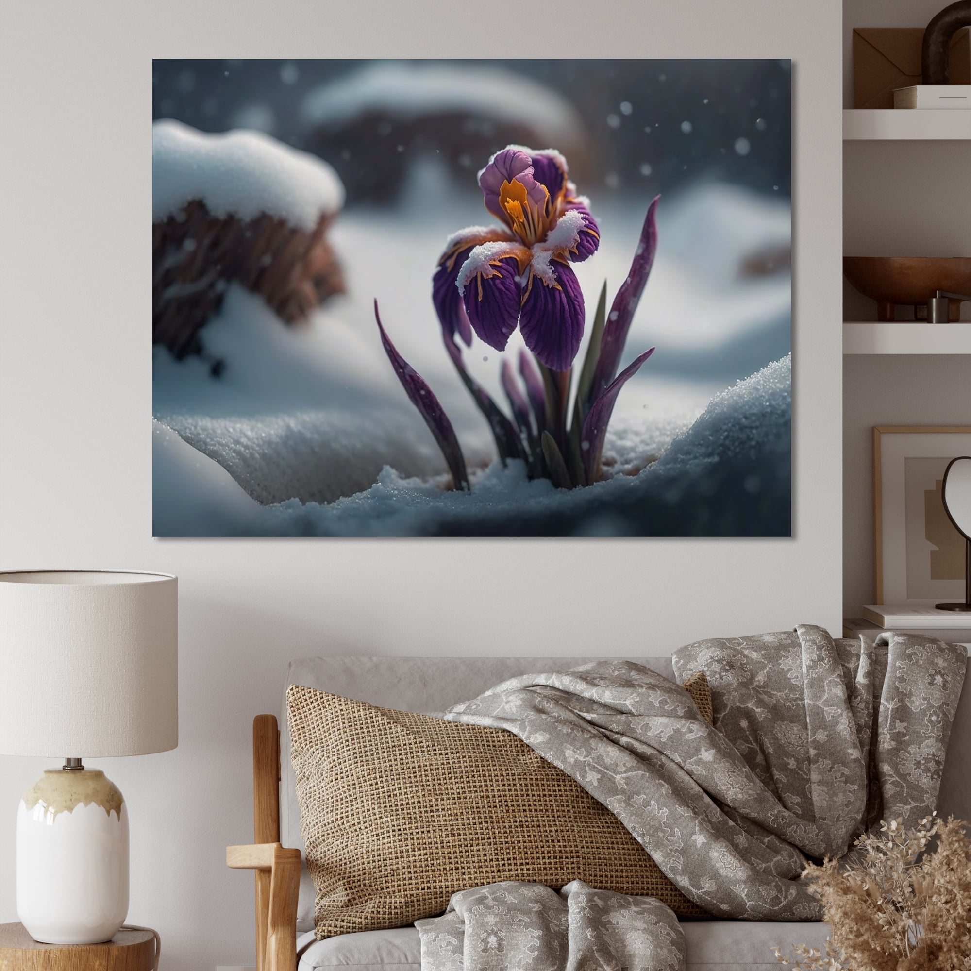 Designart A Blooming Purple Iris Flower In Winter Canvas Wall Art