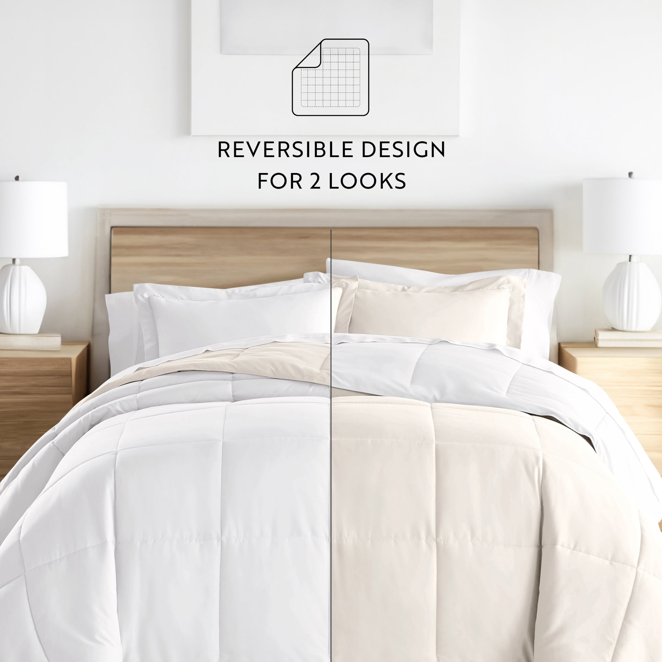 Noble Linens Soft 2-Piece White & Ivory Reversible All Season Lightweight Down Alternative Comforter Set, Twin/Twin XL