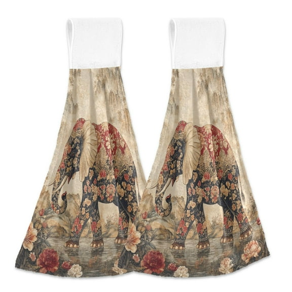 BZSMCE Hanging Hand Towels Fashion He Ornate Elephant Pattern 2-Pack - Velcro Style Bathroom Kitchen Towels