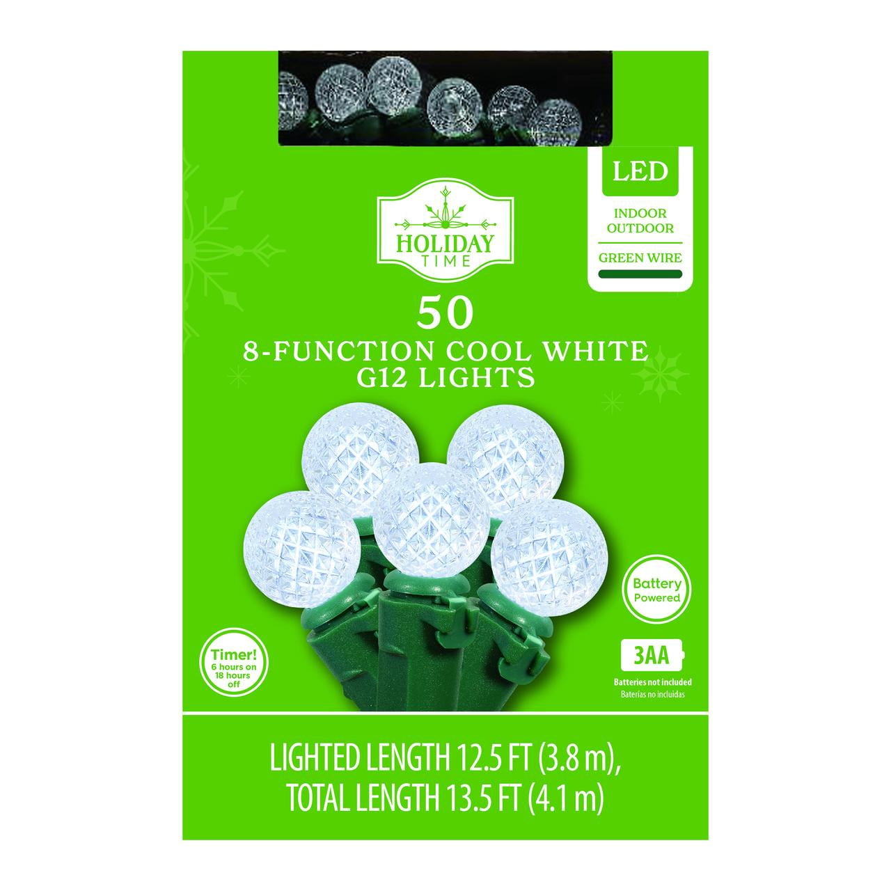 Indoor/Outdoor 50-Count Battery-Operated LED 8-Function G12 Christmas String Lights, Cool White, 12.5', by Holiday Time