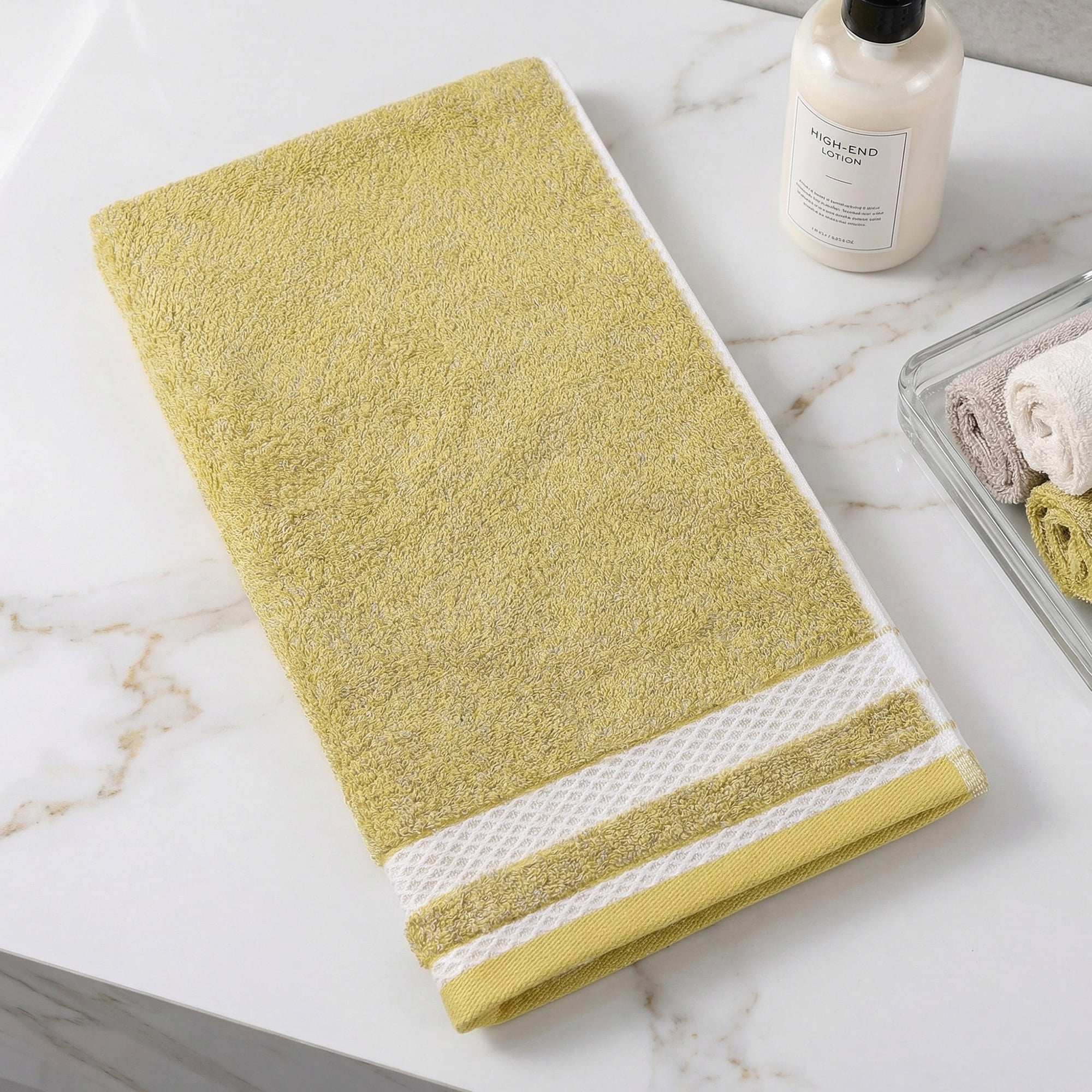 Unique Bargains Cotton Hand Towels with Textured Stripe Border Yellow 29" x 13"