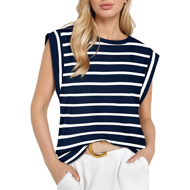 Camiseta Sin Mangas Informal de Verano para Mujer, Rayas Azul Marino, Talla L