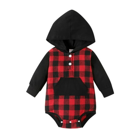 

Infant Baby Newborn Boys Girls Long Sleeve Plaid Patchwork Hooded Romper Bodysuit Clothes