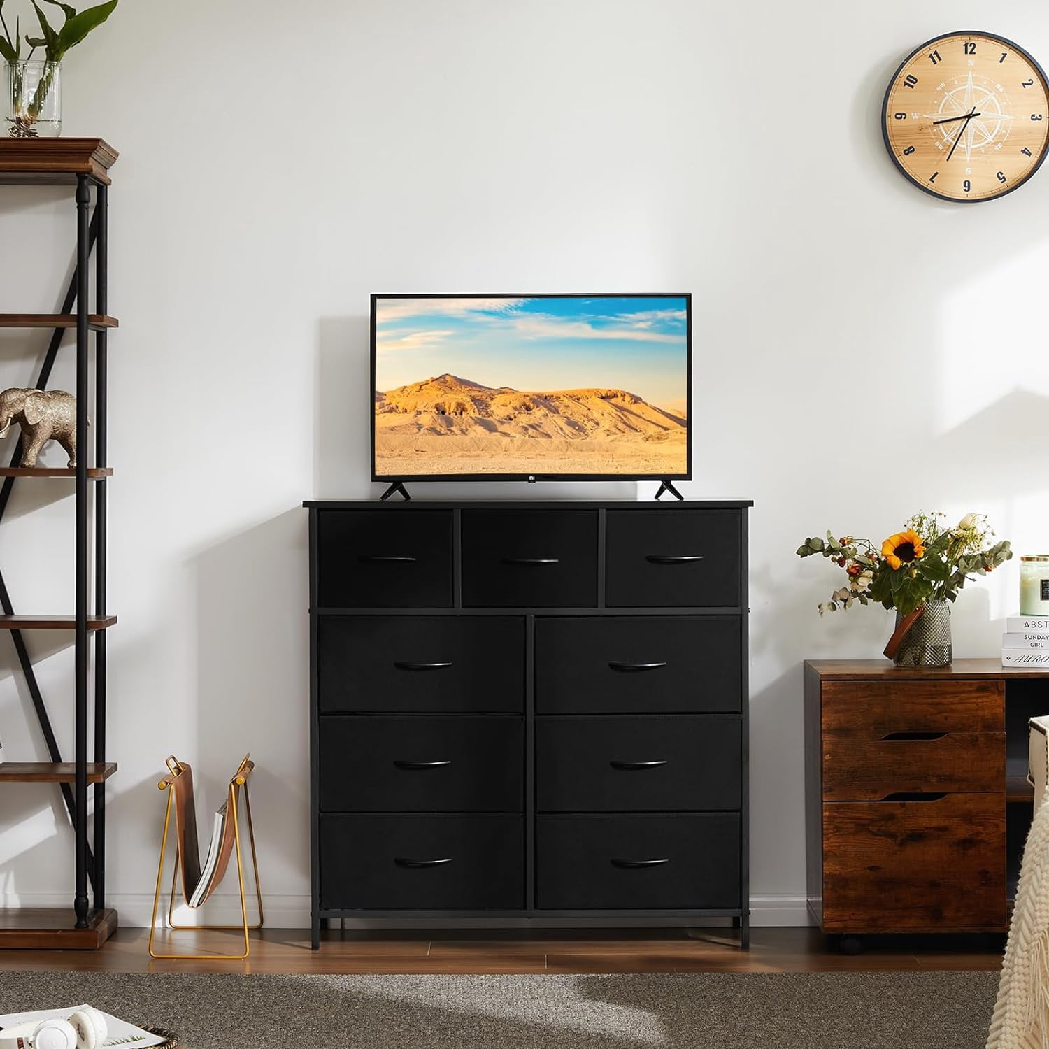 Dresser for Bedroom, Storage Organizer with 9 Drawers, Chest of Drawers with Fabric Bins, Sturdy Metal Frame, Wood Tabletop for Guest Room, Closet, Entryway, Nursery,Black