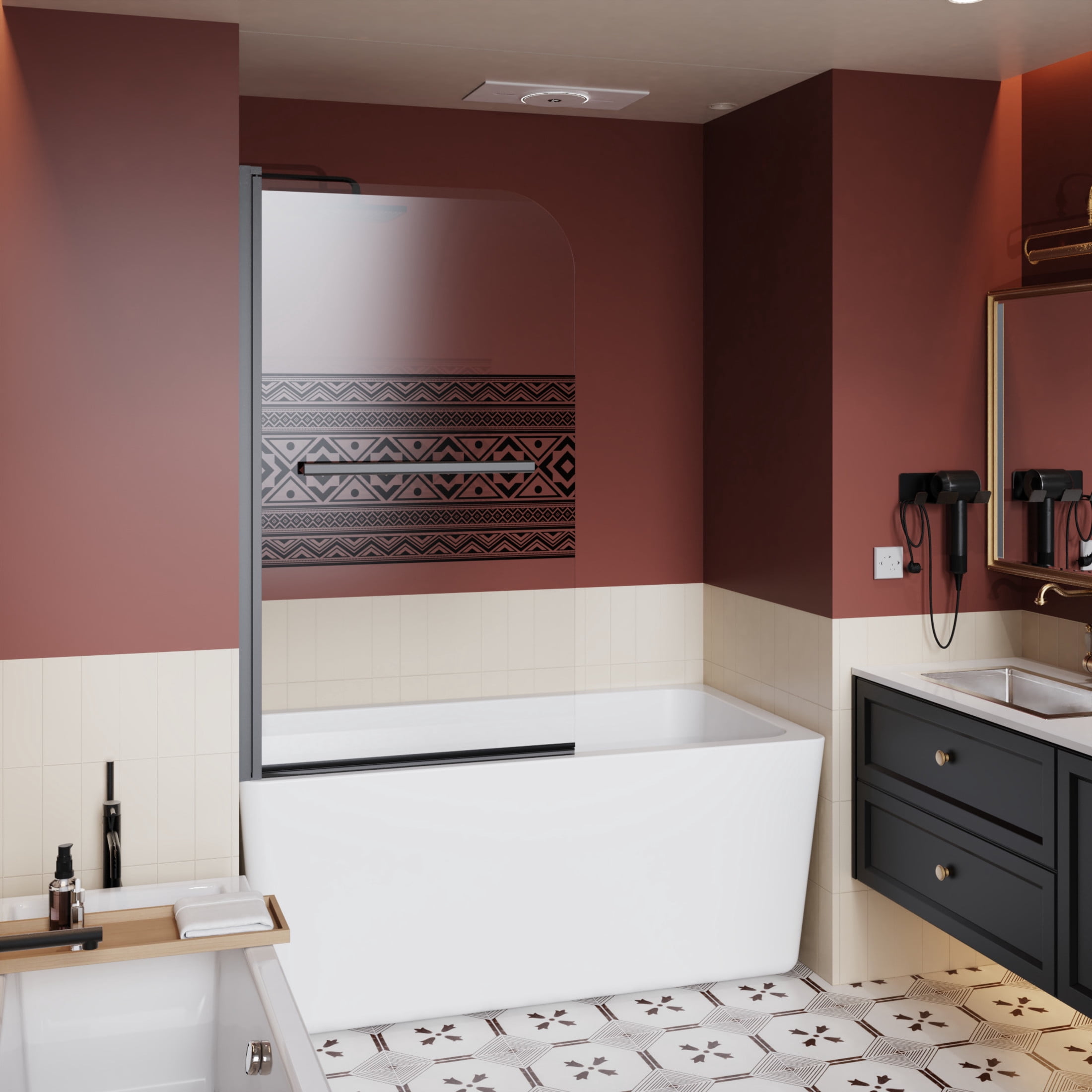 Noble House 32" x 55" Bathtub Shower Door, Bohemian Pattern Tempered Glass with Stainless Steel Handle, Matt Black