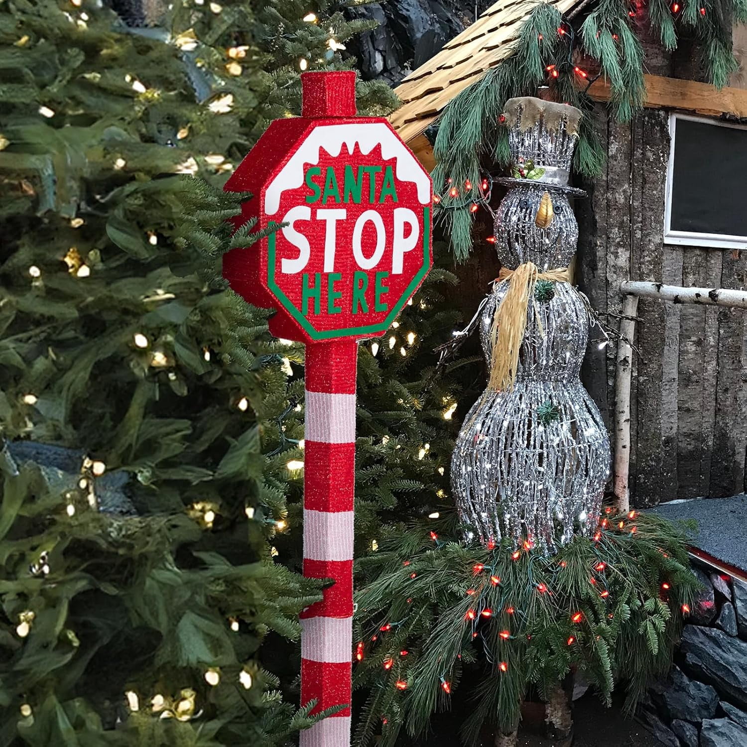 VINGLI 4.3FT Christmas Lighted Santa Stop Here Sign, Christmas Yard Decorations with 70 Prelit LED