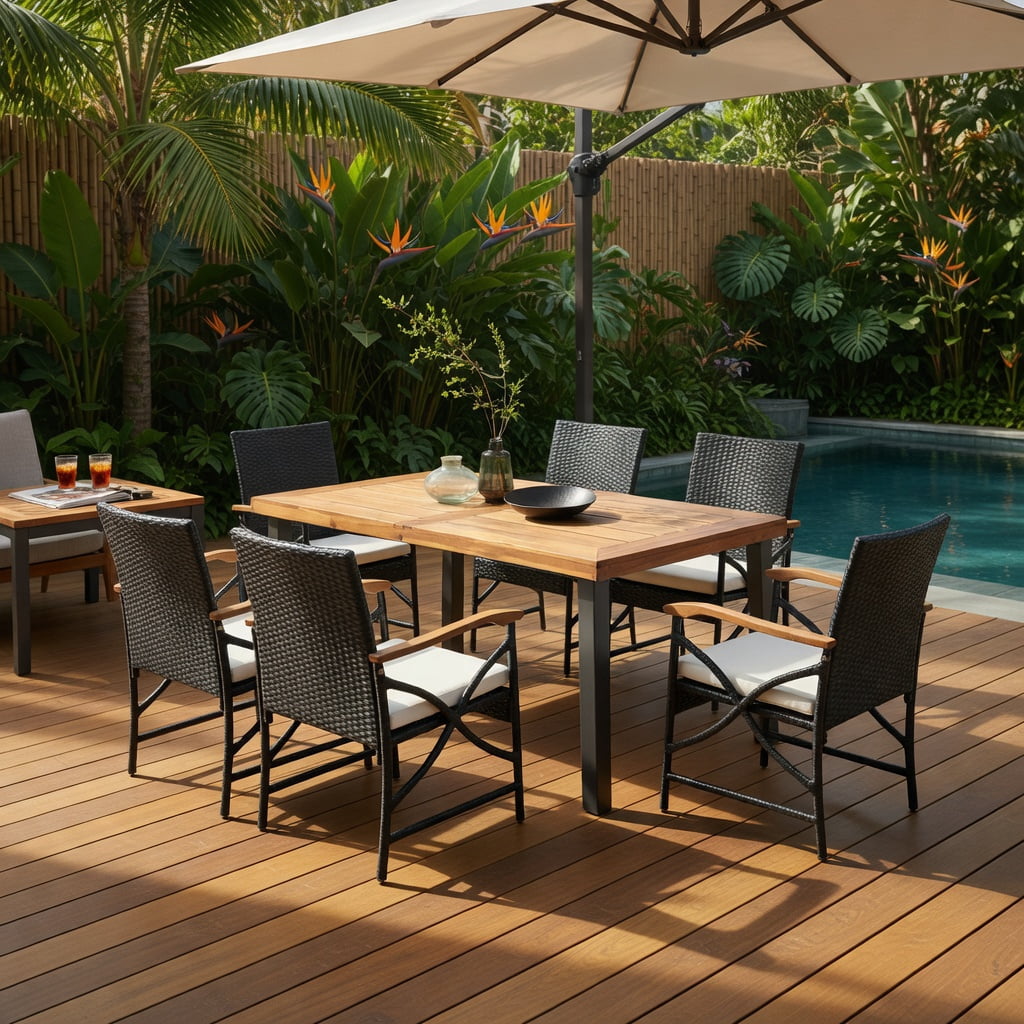 Hommoo Set of 4 Wicker Patio Chairs with Off-White Zippered Cushions, PE Rattan & Acacia Wood Outdoor Seating for Backyard, Poolside & Porch, Brown