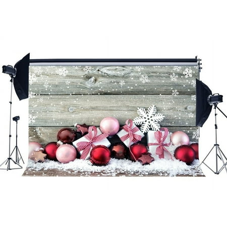 Image of HelloDecor 7x5ft Photography Backdrop Christmas Balls Gifts Heavy Snow Vintage Wood Wall Snowflakes Interior Decoration Xmas Backdrops for Adults Happy New Year Background Photo Studio Props