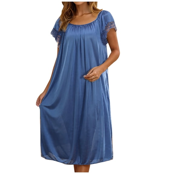 Pajamas for Women Women's Summer Solid Color Ice Silk Home Dress Nightdress Blue Free Size