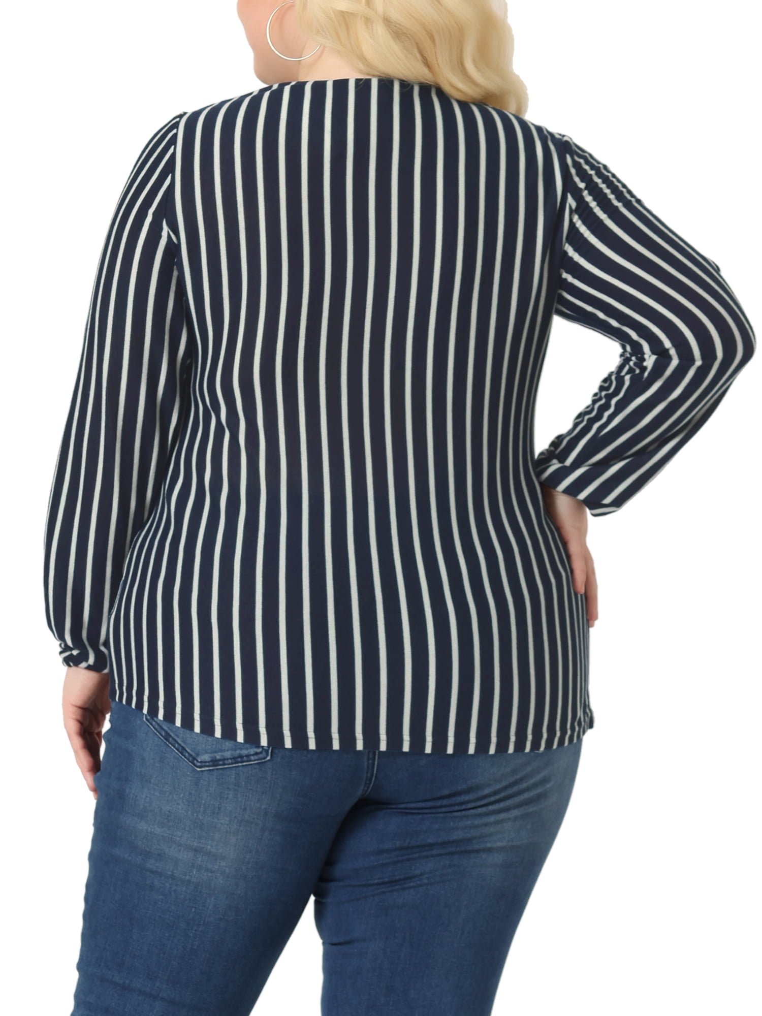 Unique Bargains Women's Plus Stripe Round Neck Elastic Cuff Long Sleeve Tops 2X Navy Blue