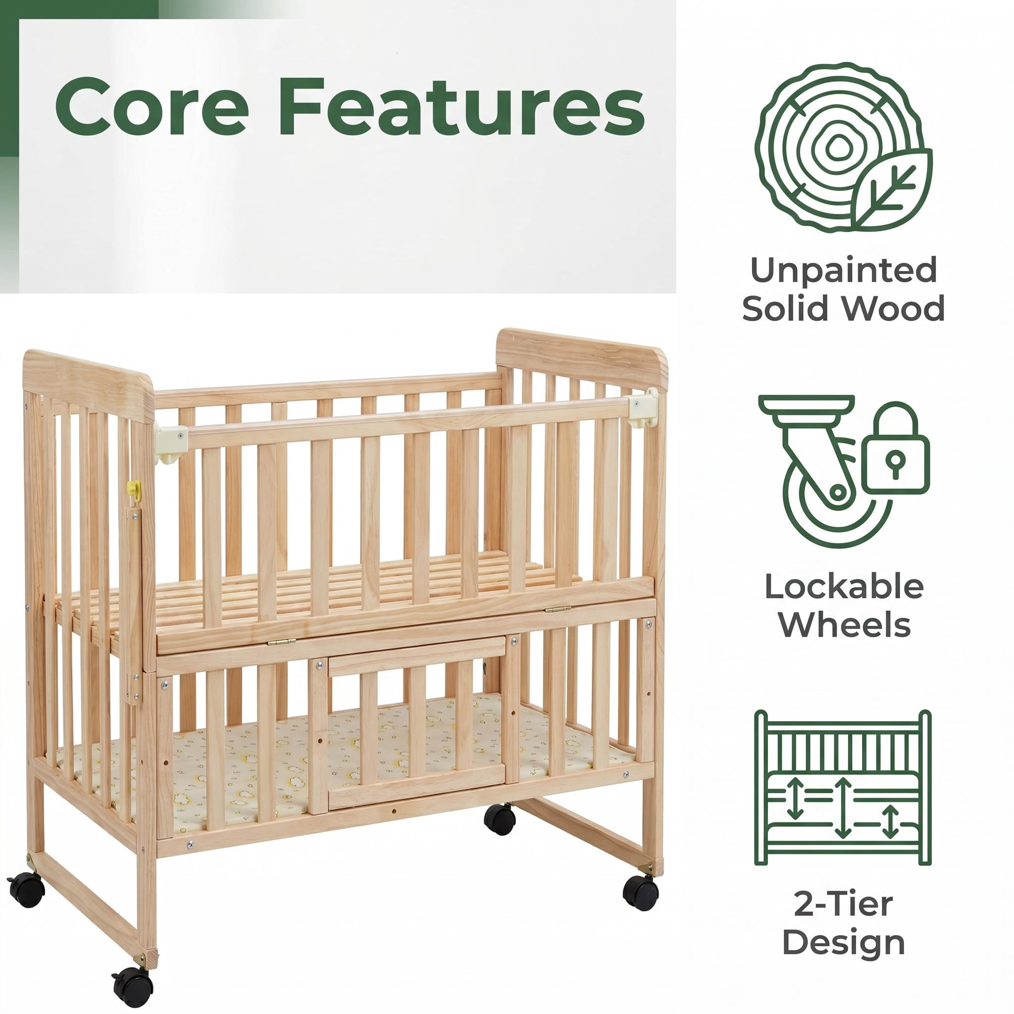 5-in-1 Convertible Baby Crib, Solid New Zealand Pine Wood, 2-Position Adjustable Mattress Base, Under-Crib Storage, Anti-Chew Guard Strips for Nursery