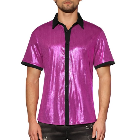 INSPIRE CHIC Sparkle Disco Shirt for Men's Short Sleeves Button Down Nightclub Party Shirts M Rose Red