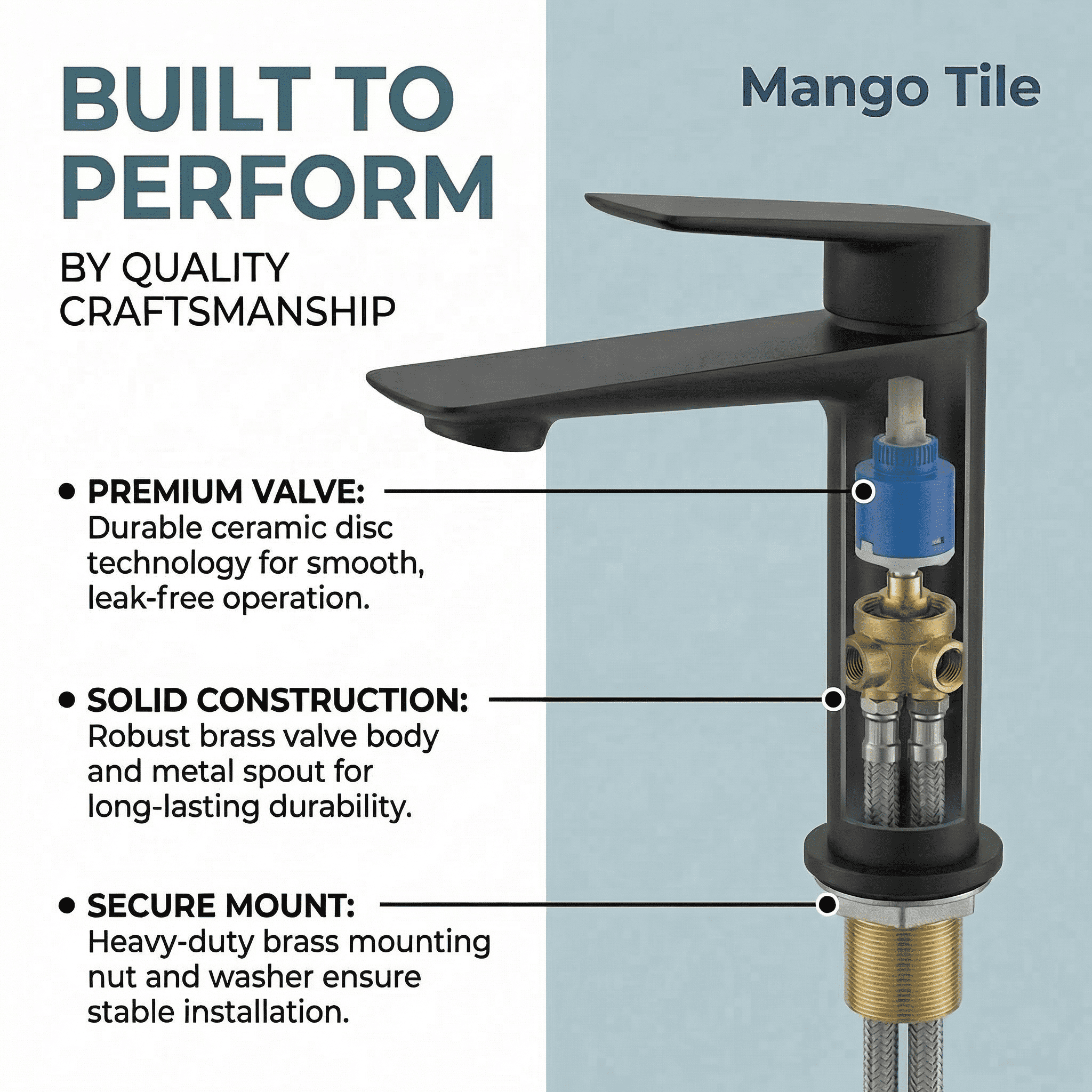Mango Tile SUS304 Stainless Steel Black Bathroom Sink Faucet