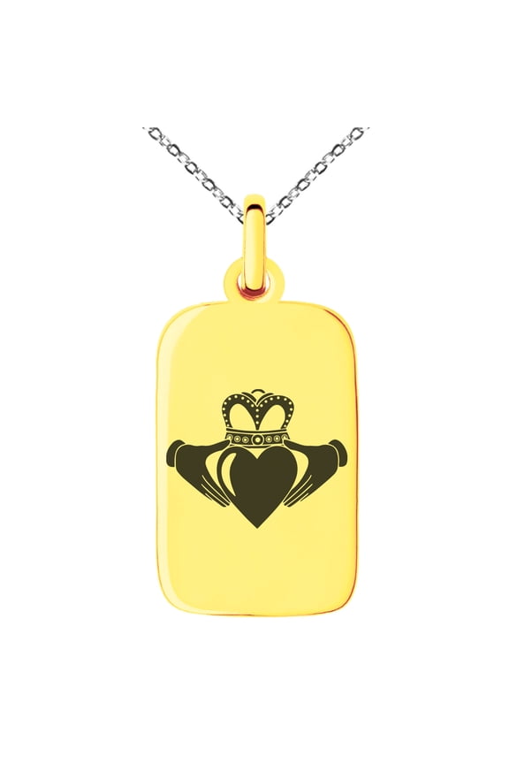 Stainless Steel Celtic Claddagh Unity Engraved Small Rectangle Dog Tag Charm Pendant Necklace