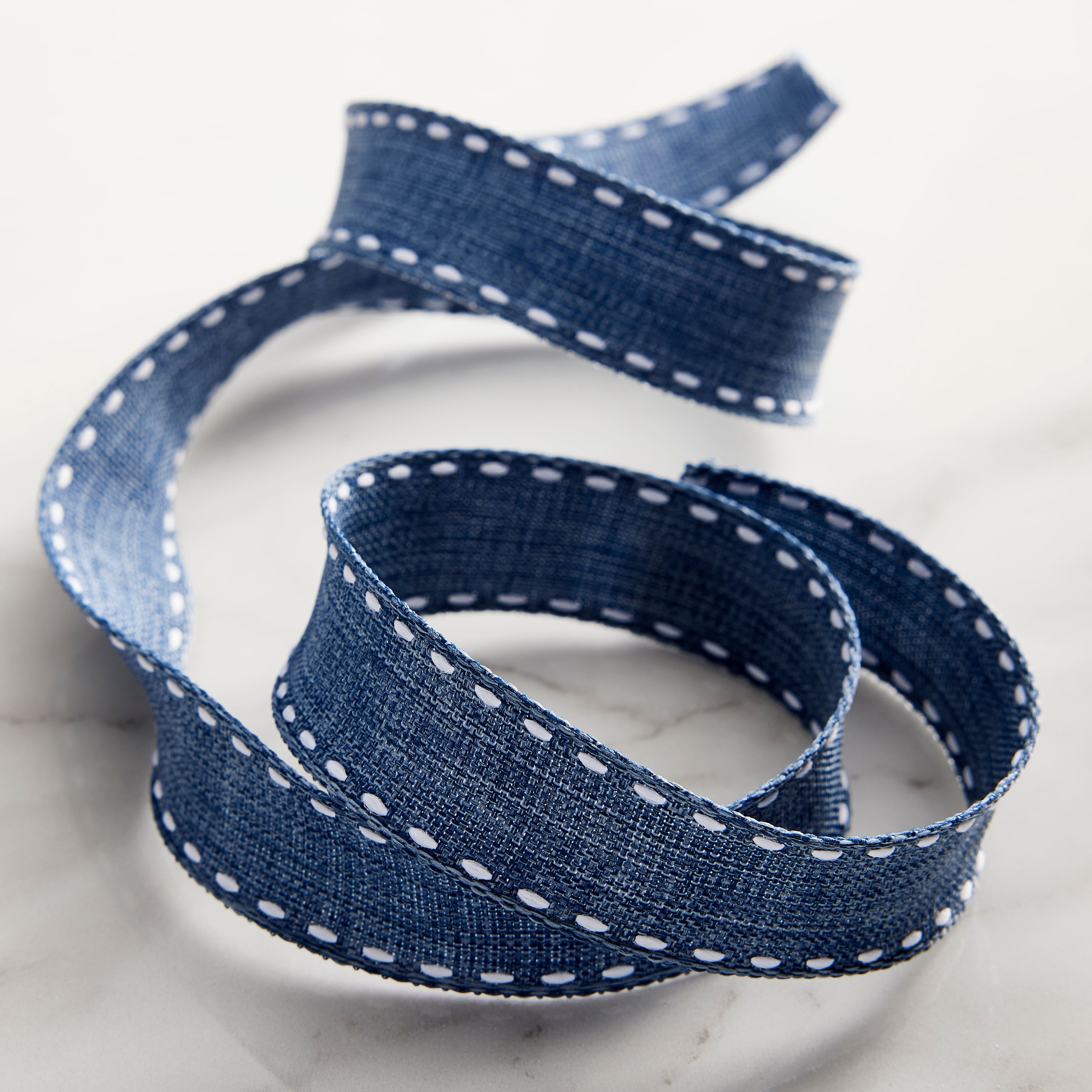 7/8" x 2yd. Denim Stitch Ribbon by Celebrate It – Blue - Non-Wired with Woven Edge - Polyester – Ideal for Gift Wrapping - Baskets & DIY Decor - 12 Pack