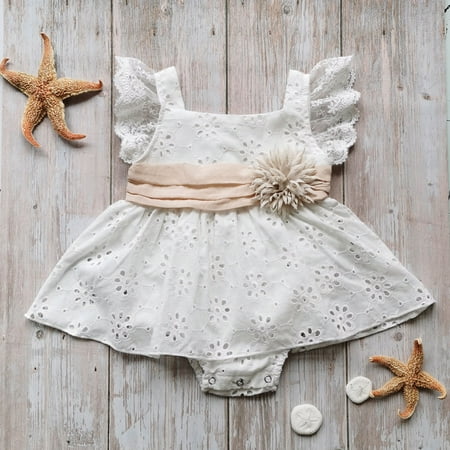 

Summer Baby Girl’s Solid White Flower Skirt Hem Lace Floral Sleeveless Romper