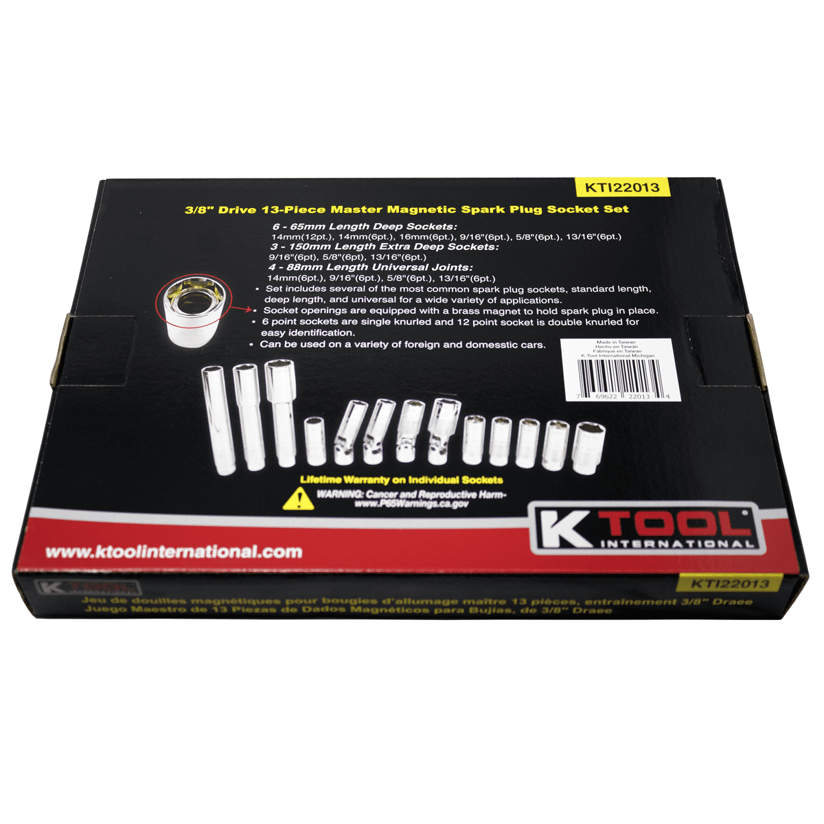 K Tool International Spark Plug Socket Set 13 Piece Magnetic 3/8 Inch