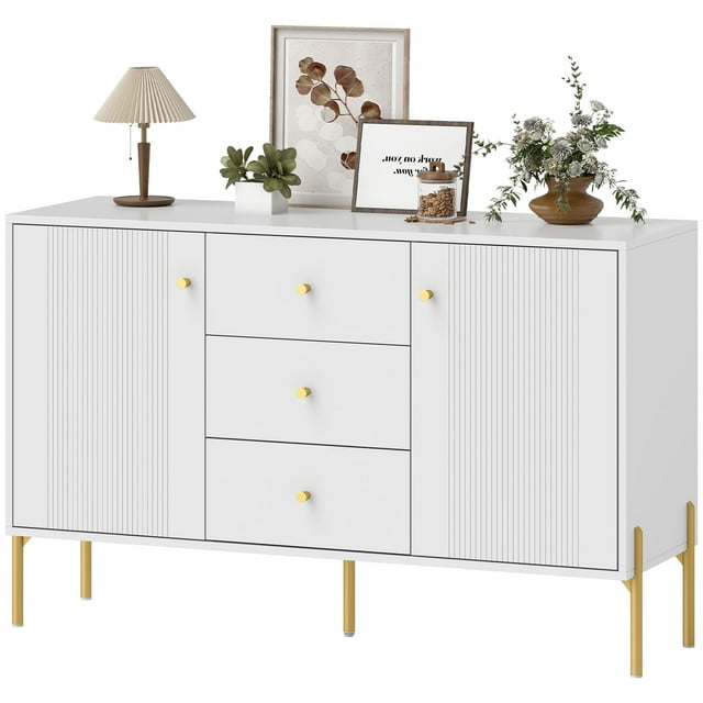 CoSoTower Buffet, Bahut Moderne avec 3 Tiroirs à Fermeture en Douceur et 2 Tablettes Ajustables pour Salon, Cuisine, Blanc
