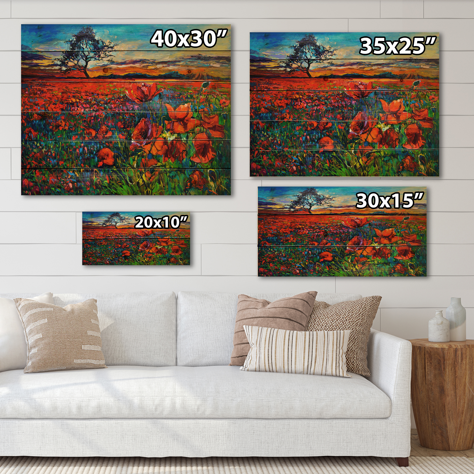 Designart 'Blossoming Red Poppy Fields With Distant Tree' Traditional Print on Natural Pine Wood