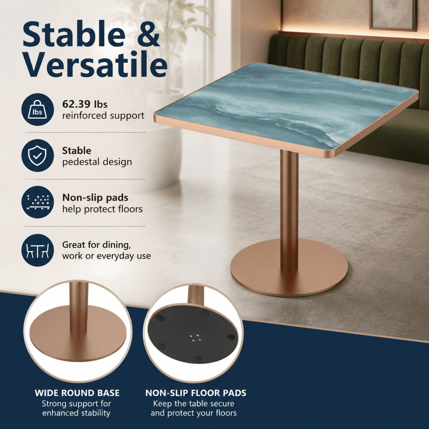 Miniyam 31.5 in Square Dining Table for 2-4, Marble-Look Sintered Stone Top, Stainless Steel Pedestal Base for Small Space, Teal