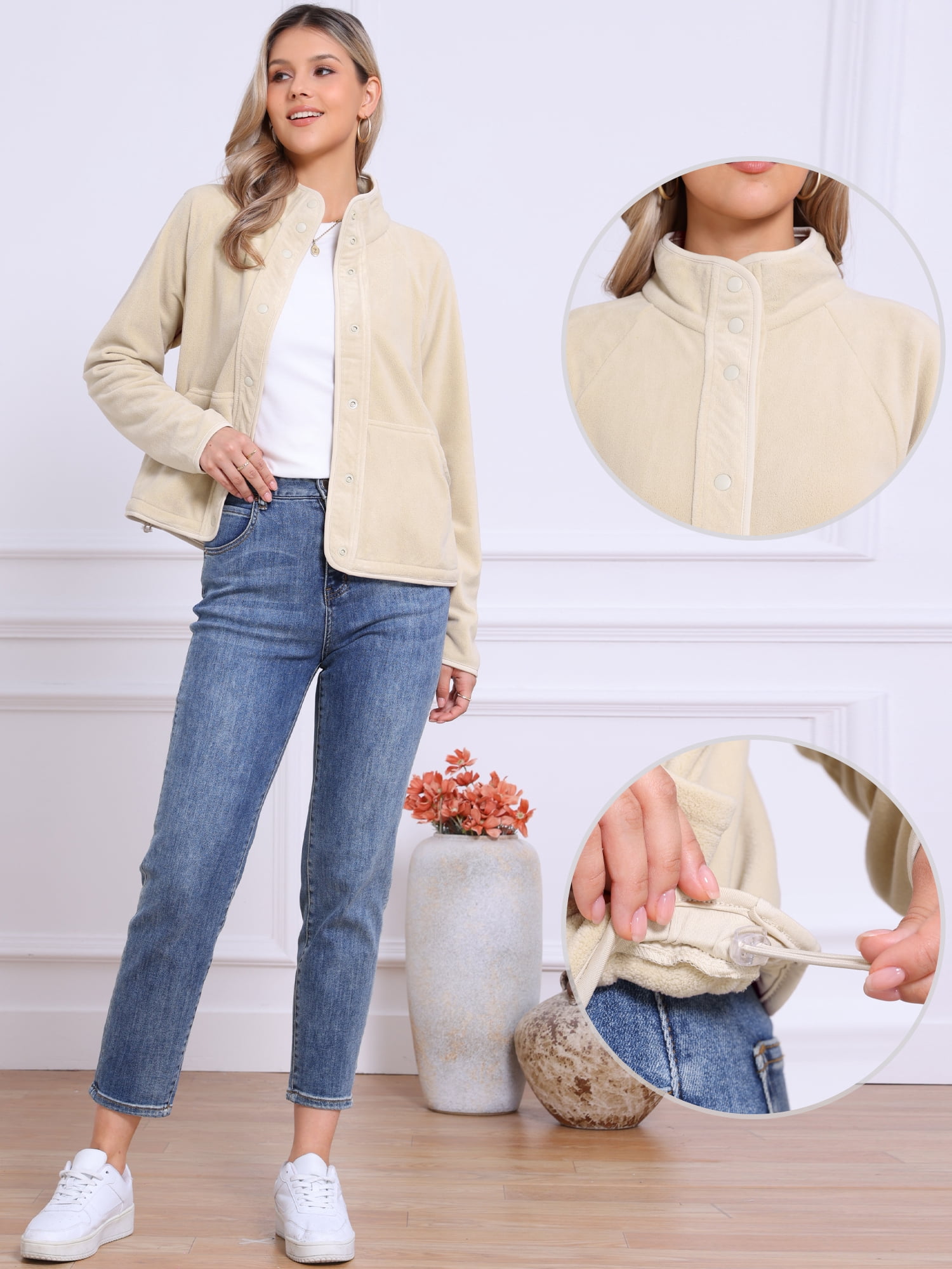 DARING DIVA Women's Fleece Jacket Long Sleeve Button Down Coat With Pockets XS Beige