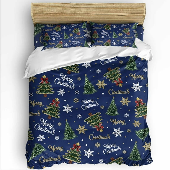 Merry Christmas King Size Comforter Set, Xmas Trees Winter Snowflakes Stars Navy Blue Bedding for All Seasons, 4 Pcs Bed Set with 1Comforter (90"x106") ,1 Sheet(94"x116"), 2 Pillowcases (19"x35")