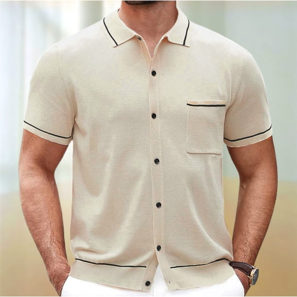 pstuiky Camisas de vestir de manga corta para hombre, Camisa de punto con botones y manga corta para hombre, chaqueta fina con cuello vuelto camisas casuales para hombre xl