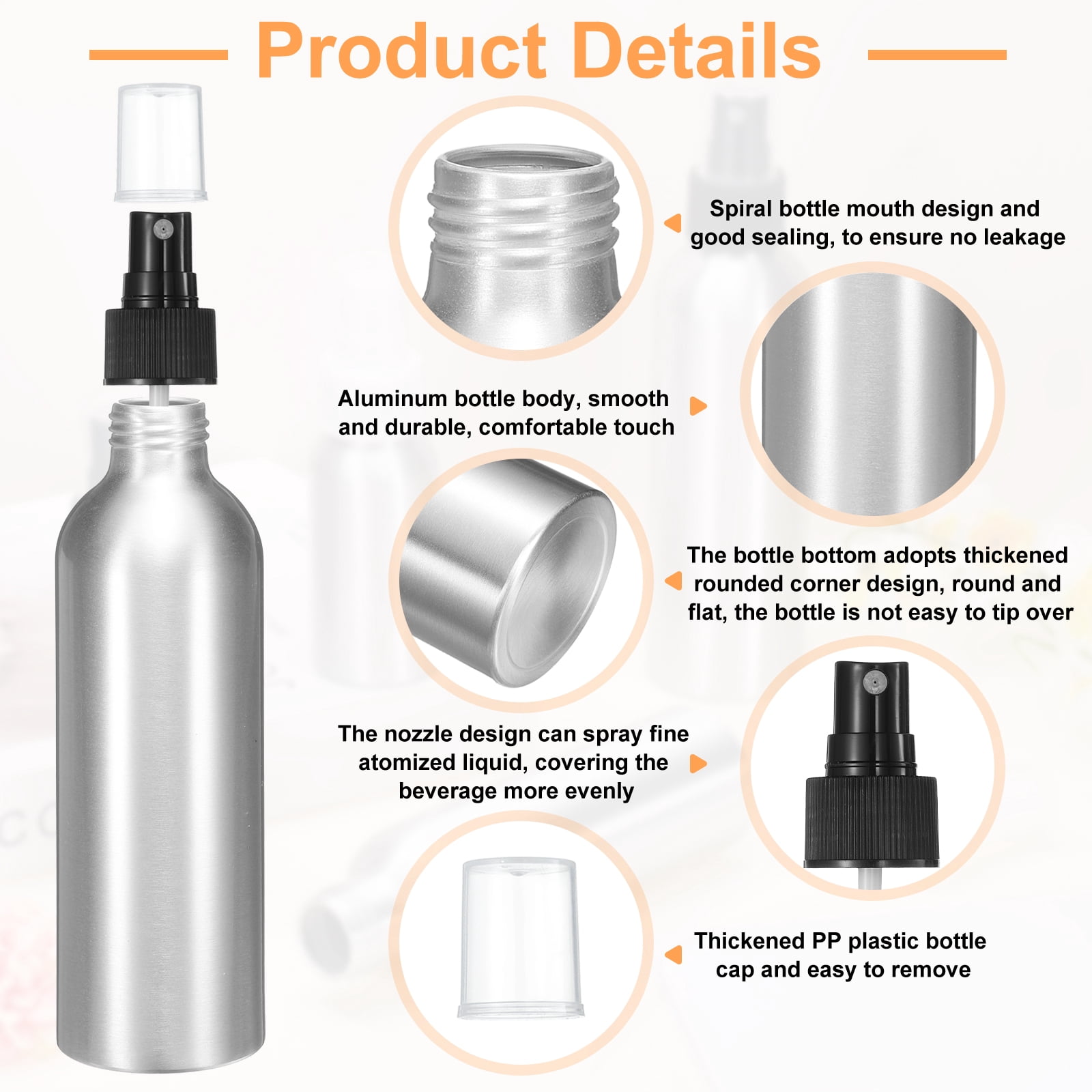 Uxcell 5pcs Aluminum Fine Mist Spray Bottles 200ml/6.7oz Metal Small Liquid Alcohol Refillable Travel Container with Black Plastic Nozzle Cap for Perfume Skincare Cosmetic Storage Bottle