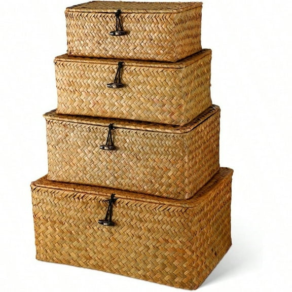 Set Of 4 Wicker Storage Baskets OrganizerHandwoven Storage Bins With Lid For Organizing Home Utility Box For Home Office Supplies Multipurpose Container Orange