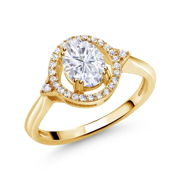 Gem Stone King 18K Yellow Gold Plated Silver Ring Set with Near Colorless (GH, Size 7) Oval Moissanite (1.24 Cttw, Size 7)